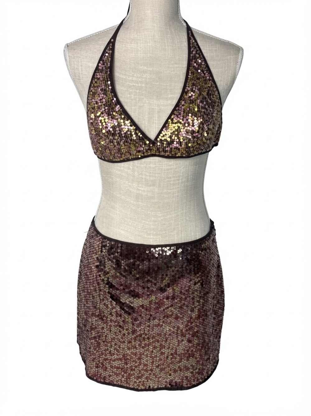 Vintage Expess brown and gold Sequin Halter Bralette & Mini Skirt Set - 90’s